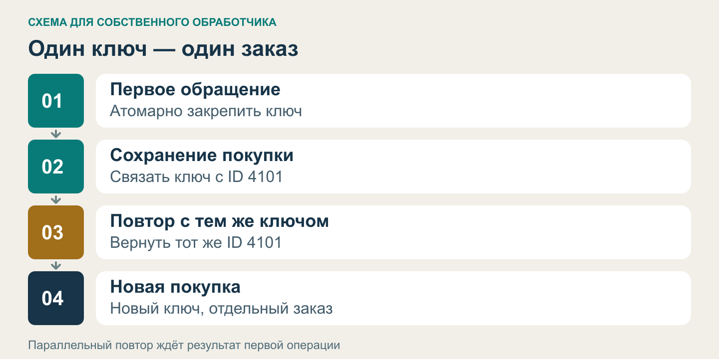Первый запрос с ключом покупки создаёт заказ 4101, повтор с тем же ключом получает прежний ID