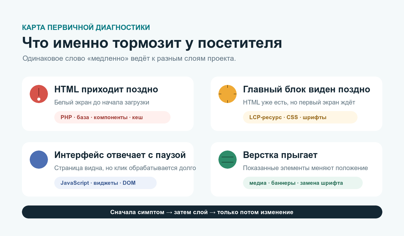 Карта диагностики медленного сайта на 1С-Битрикс по четырём типам симптомов