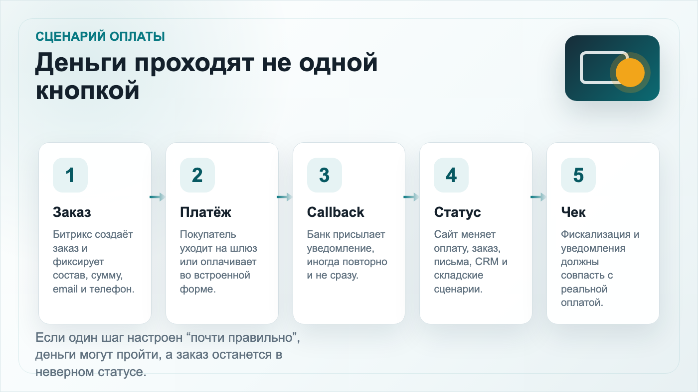 Сценарий онлайн-оплаты на сайте 1С-Битрикс от заказа до чека