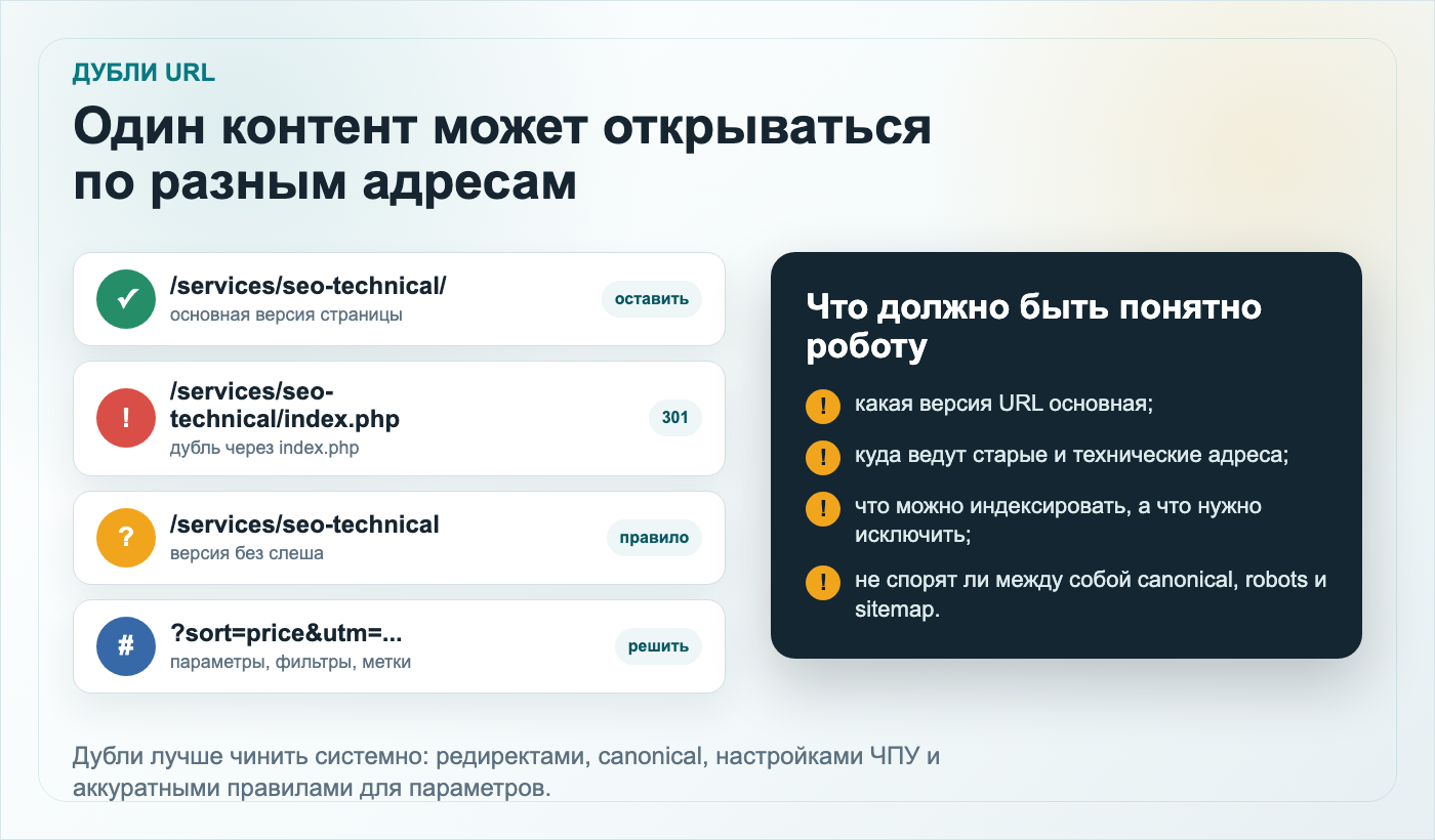 Типовые дубли URL на сайте 1С-Битрикс: index.php, слеши, параметры и фильтры