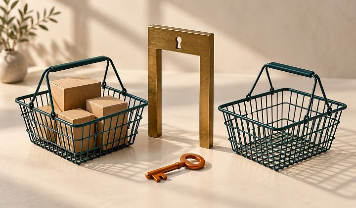 Полная и пустая корзины по разные стороны двери с замочной скважиной — метафора потери товаров после входа в аккаунт